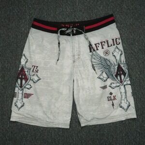 VINTAGE Affliction Board Shorts Men 36 White Gray Striped Cross Swim